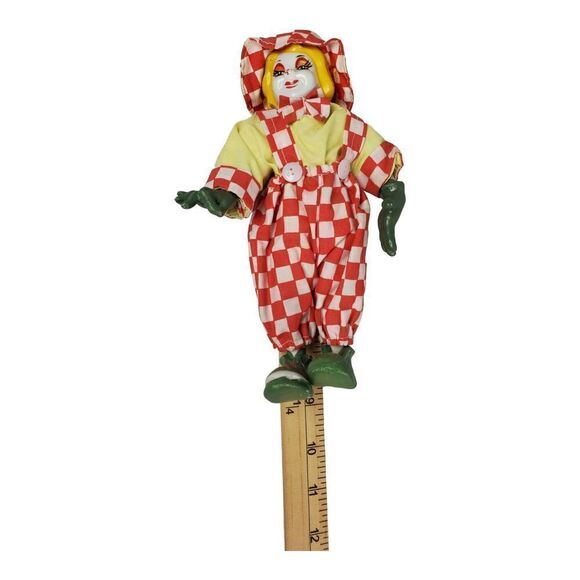 Clown Doll with Hat 9" Figurine Green Hands And Feet Red Checkered Overalls - Picture 9 of 10